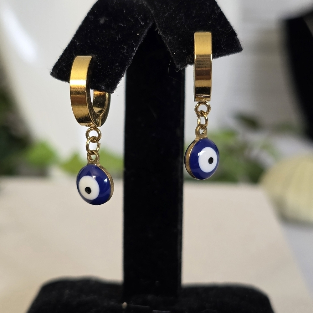 Gold Stainless Steel Huggie Hoop Earrings with Evil Eye Charm - Picture 4 of 17